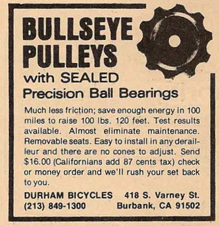 Durham Bicycles ad for Bullseye Pulleys