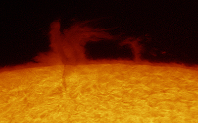 Sun loop Prominence as imaged by a DayStar QUANTUM PE Hydrogen Alpha Filter (110,780 bytes). Image courtesy of DayStar.