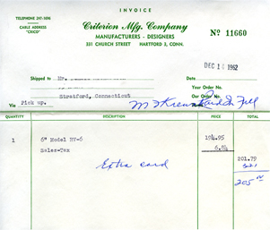 RV-6 Sales Invoice 1962