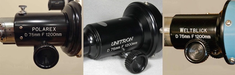 Polarex, Unitron and Weltblick logos on 75mm telescope focusers (68,308 bytes)