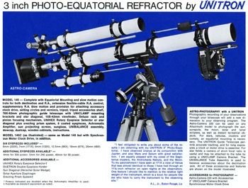 Unitron Model 142 - 3 inch Equatorial telescope from 1972 Catalog (50,907 and 261,476 bytes)