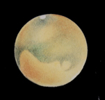 Mars as observed by Robert Kochenour through 102FL with TeleVue 9 Nagler ocular and 2X Barlow (200X), 20 Sept. 1988 3:45U.T. 21 Sept. Copy of pencil and pastel sketch.