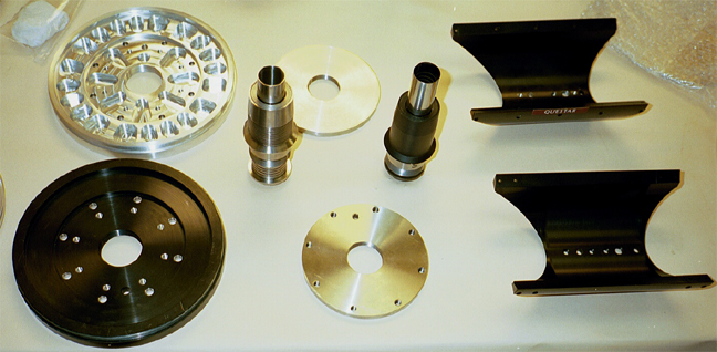 Old Stainless Steel and New Titanium Components of Questar 7 (48,939 bytes). Click on image for enlarged view (186,930 bytes).