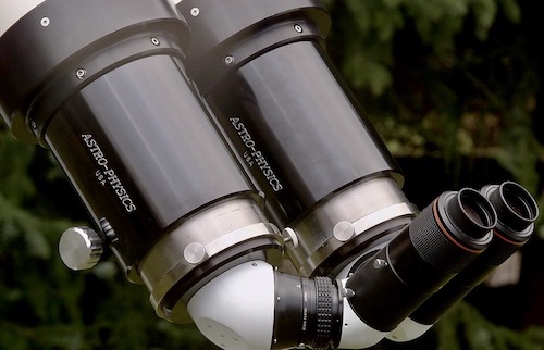 Astro-Physics 180mm f/9 Binocular Telescope, with Matsumoto's EMS system allowing up to 2 inch eyepieces (49,089 bytes)