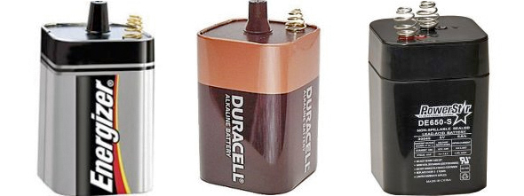 examples of 6 volt lantern batteries, rechargeable model at right (60,145 bytes)