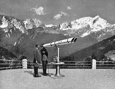 Carl Zeiss Jena</a>  Asal model, a 130 mm binocular telescope with pedestal mount, at mountain overlook (66,318 bytes)