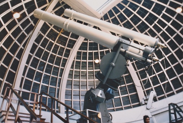 both Carl Zeiss Jena 12-inch (300 mm) and piggybacked 9-inch (240 mm) refracting telescopes, at Griffith Observatory in February 1988 (52,399 bytes)